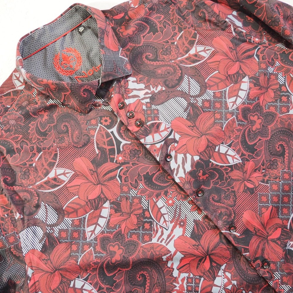 Au Noir Sz 2X Men's Floral Paisley Dress Shirt - Red Cotton/Spandex Blend